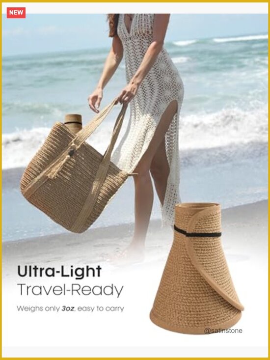 Straw Sun Visor Hat UPF 80+ Wide Brim Ponytail Summer Beach Hat main image 6